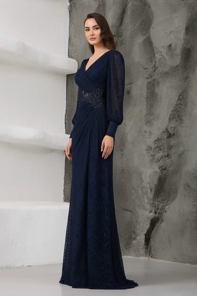 Wrap Neck Beaded Dantel Dress