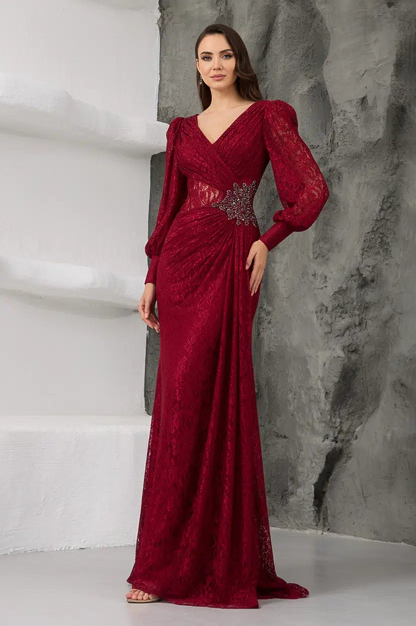 Wrap Neck Beaded Dantel Dress