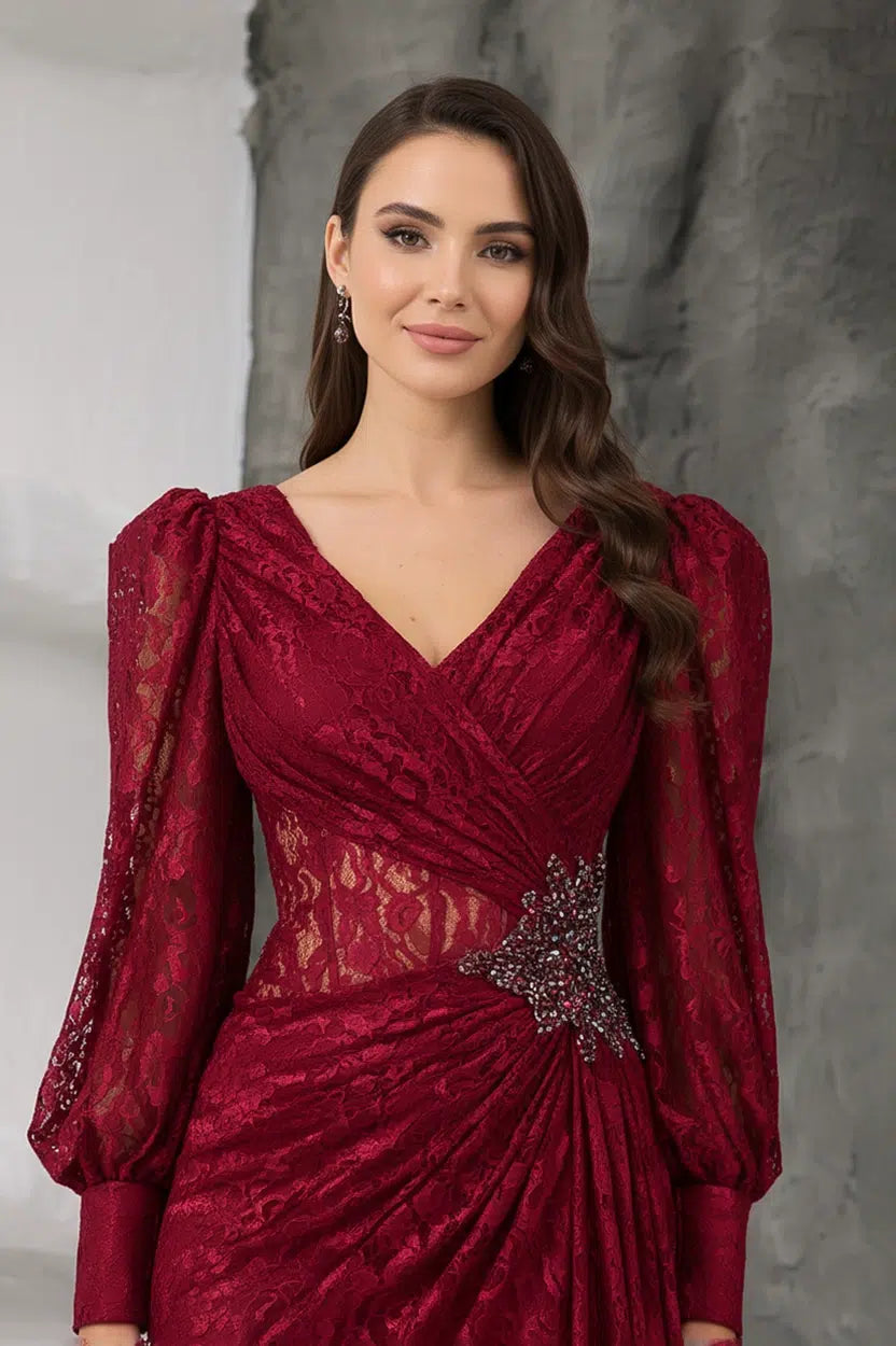 Wrap Neck Beaded Dantel Dress