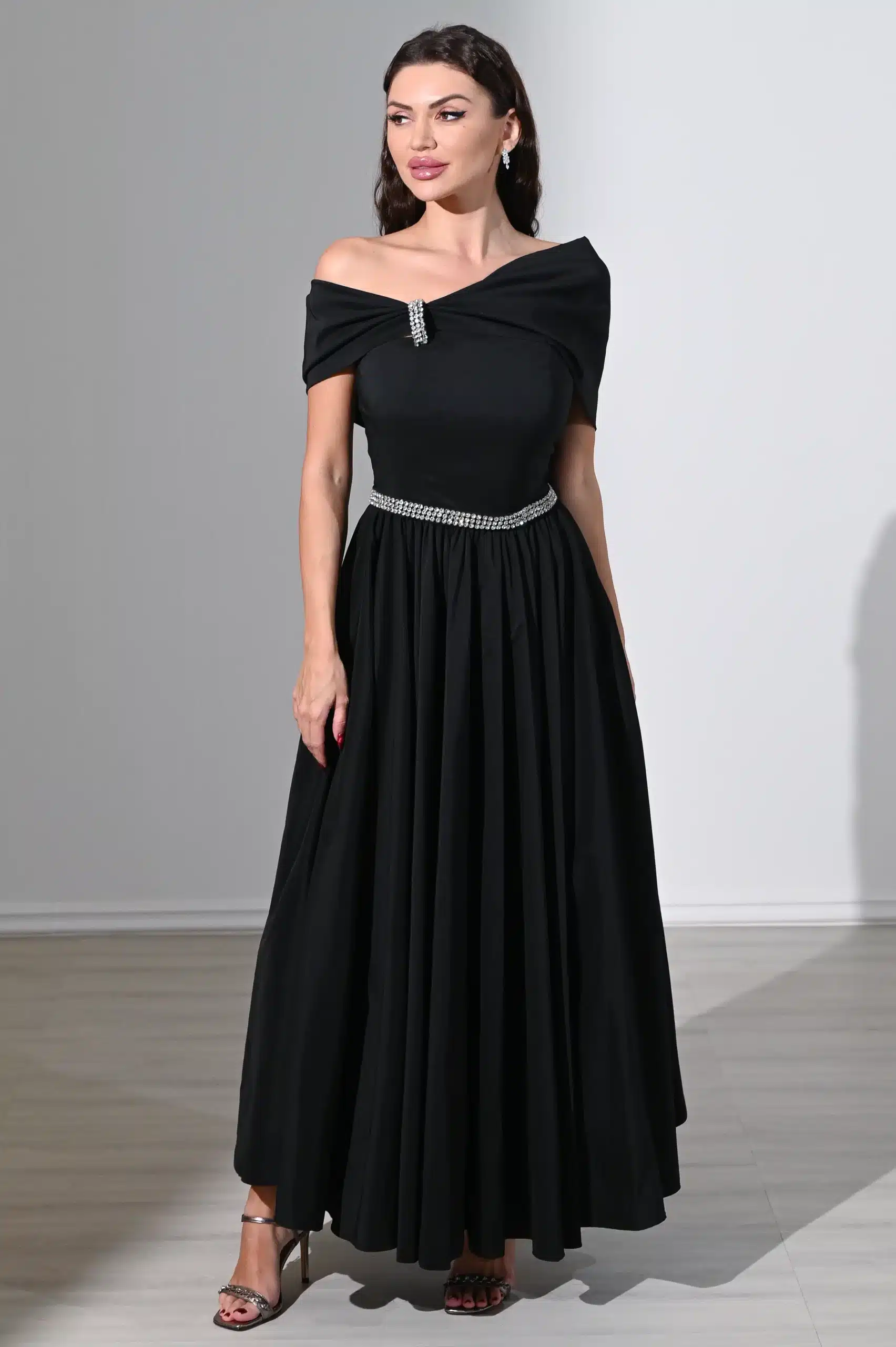 off shoulder ribbon taffeta dress ED0787 / 495 AED