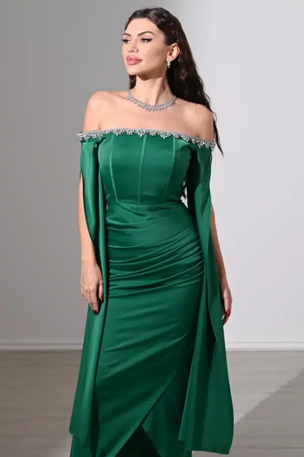flute sleeves off shoulder satin dress ED0800 / 625 AED