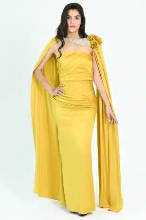 One Shoulder Flower Detail Pleated Bust Satin Dress