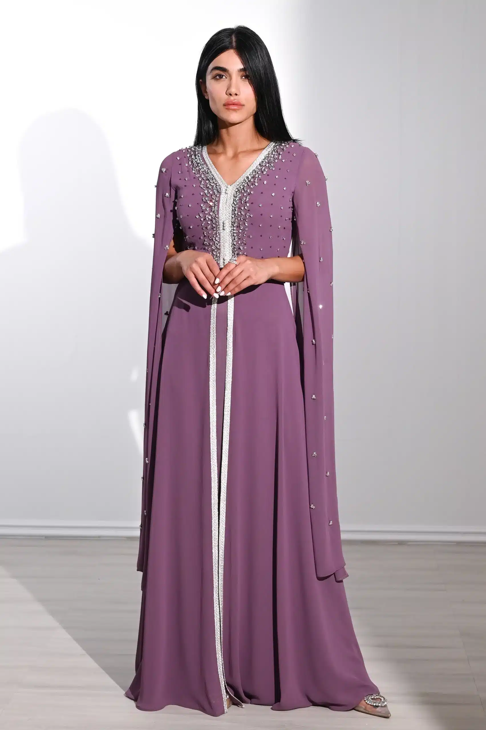 Embellished Flute Sleeve Chiffon Kaftan - purple, L