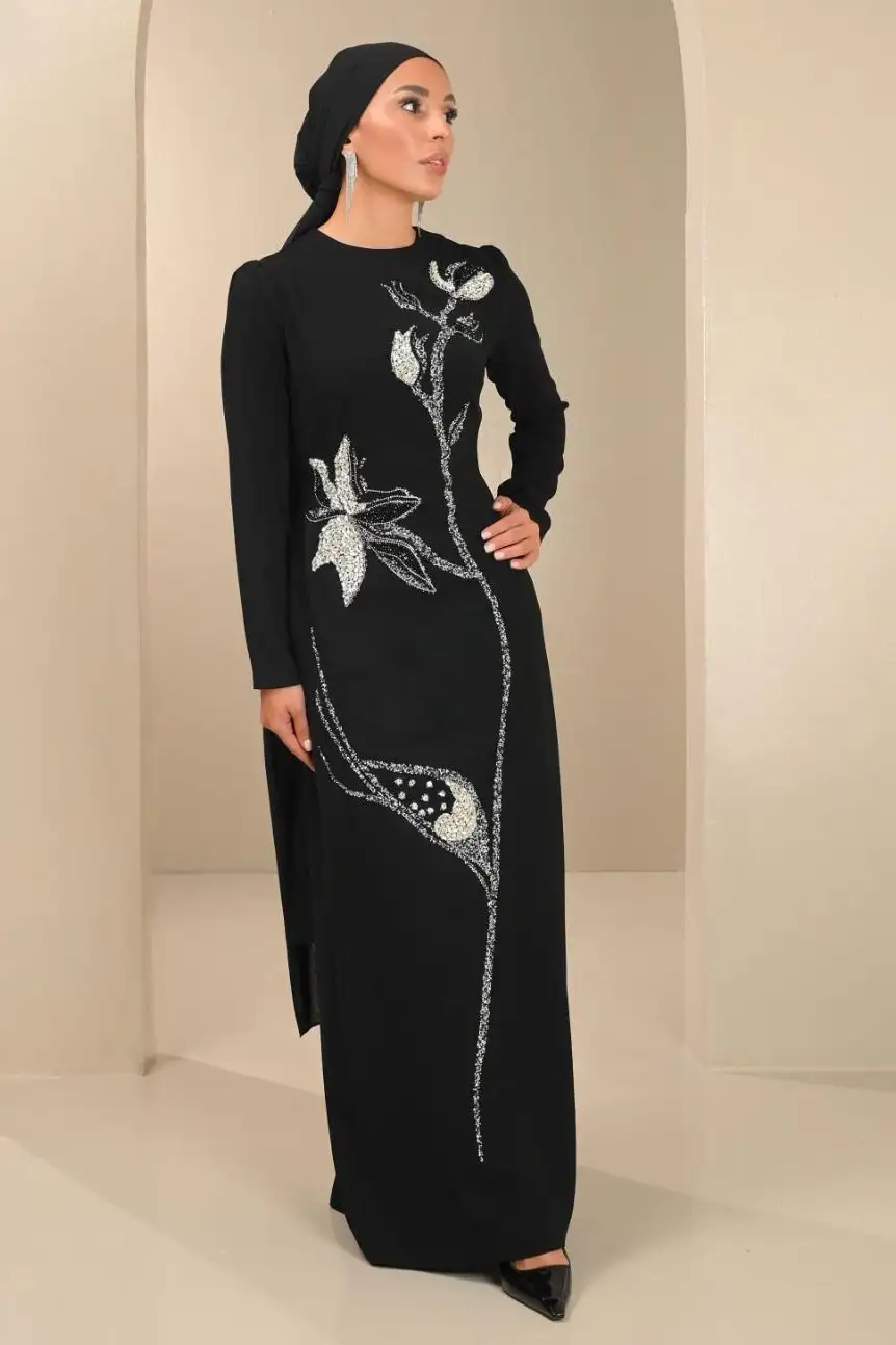 Flower Crystal Details Crepe Dress - Black, XL