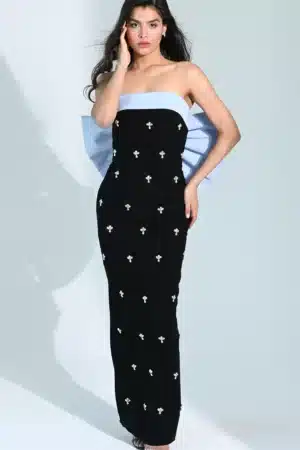 Ribbon Back Crystal Crepe Dress