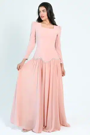 Square Neck Pearls Details Crepe Dress